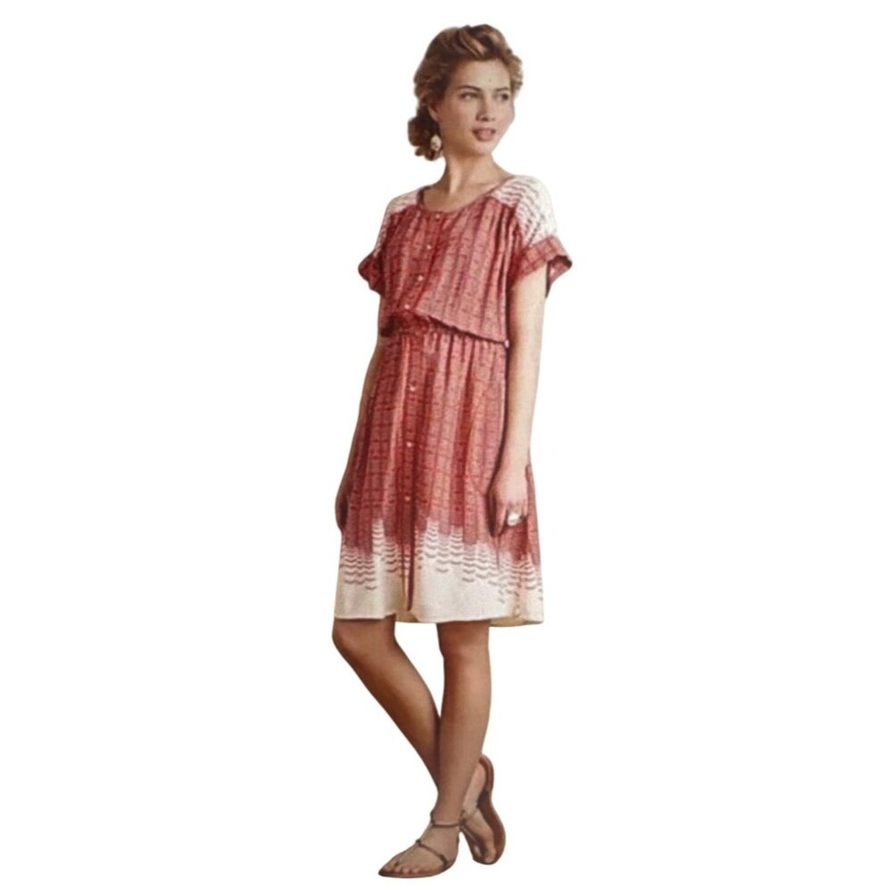 Anthropologie Maeve Red & Cream Patterned Button-Down short sleeve Dress S
